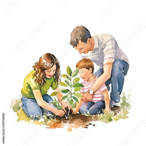 family planting a tree together cute watercolors illustration on white background
