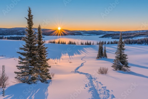 Snowy landscape, sunrise over frozen lake photo