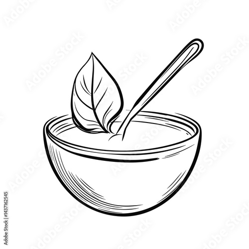 Borscht bowl with leaf and spoon in minimalist line art style  