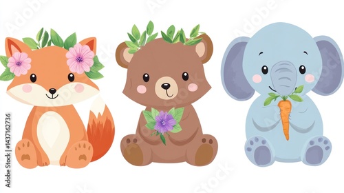 Cute animals; fox, bear, elephant; floral crowns; white background; children's book illustration