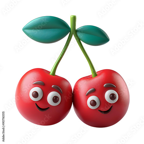 Cheerful Cartoon Cherries with Leaves and Smiling Faces, Isolated On transparent Background