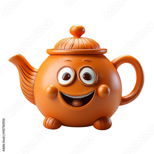 Cheerful Cartoon Teapot with a Smiling Face and Bright Orange Color, Isolated On transparent Background
