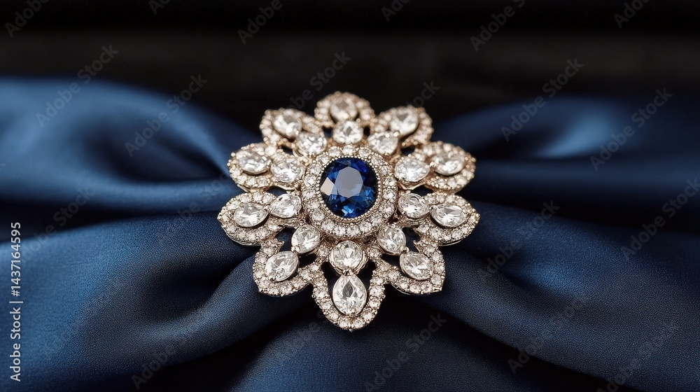 A sparkling diamond and sapphire brooch is elegantly displayed on luxurious dark blue satin fabric. A sparkling diamond and sapphire brooch is elegantly displayed on luxurious dark blue satin fabric.
