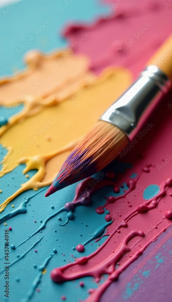 Fototapeta premium Close up of paintbrush resting on textured paper with bristles and paint traces, brush, tool, craft