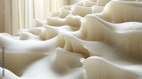 Abstract white sculptural landscape; undulating, flowing forms fill the frame, lit by soft light
