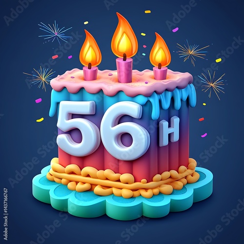 Colorful 56th birthday cake with candles and fireworks