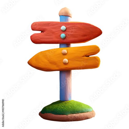 Colorful Clay Signpost with Directional Arrows in Bright Colors, isolated on transparent background