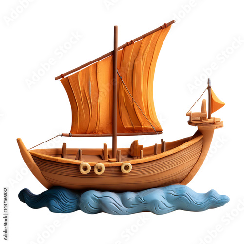 Vintage Wooden Sailboat with Orange Sails on Calm Ocean Waves, Isolated on transparent background