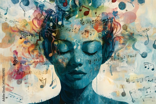 Colorful Abstract Art of Woman with Closed Eyes and Musical Notes – Emotional Expression Through Music and Imagination
