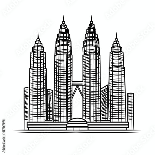 Petronas Towers architectural icon in linear style  