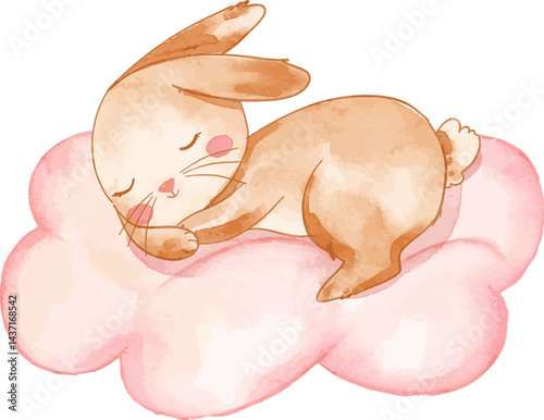 Cute bunny sleep on the pink cloud. Watercolor vector animal illustration for baby room decoration, nursery, and baby shower project.