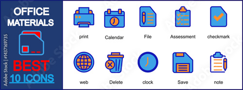 office material best icon sheet with printer,calendar,file,assessment,web,delete,clock,note collection.