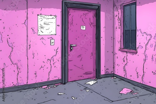 Pink room, cracked walls, door, papers