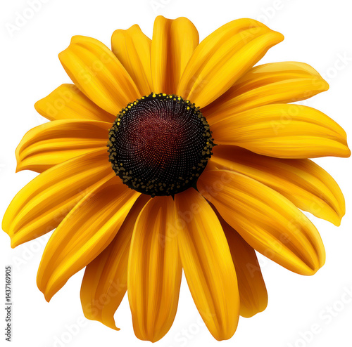 Vibrant Yellow Flower with Long Petals and Dark Center Against a Transparent Background