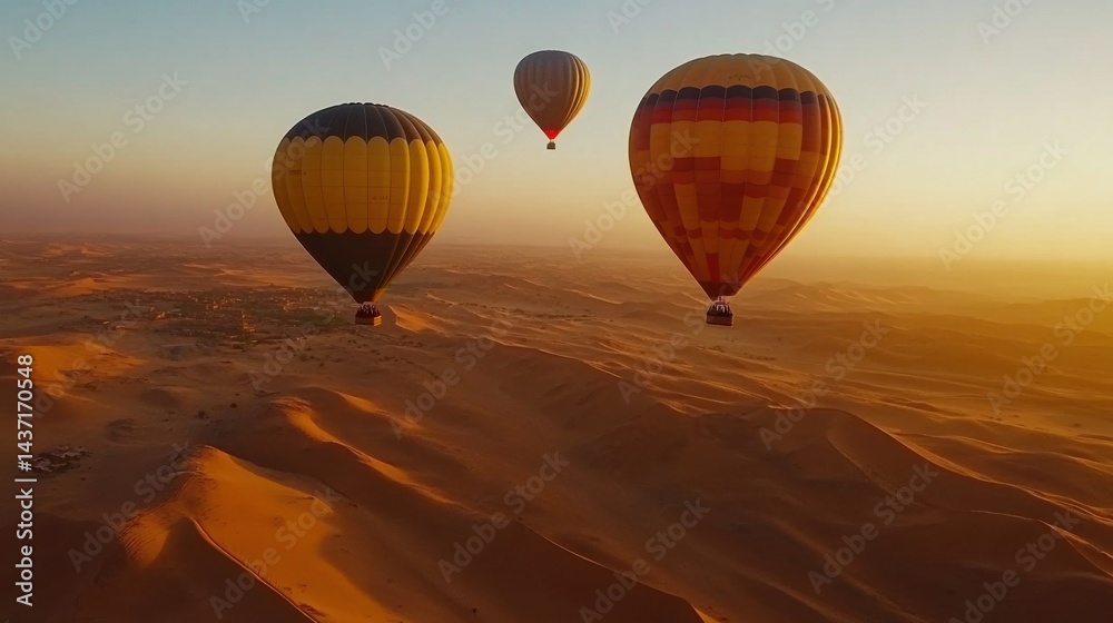 Obraz premium A magical golden hour shot of hot air balloons drifting peacefully over the desert landscape, with negative space for text.