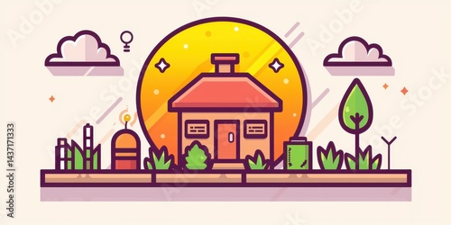 startup financing money seed plan concept. Bright illustration of a house with nature and a stylized sun backdrop.