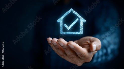 Real estate protection, A person holds a digital house icon with a checkmark, symbolizing approved real estate or property verification in a digital context.