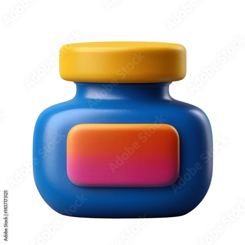 Blue Jar with Yellow Lid and Gradient Label on Black Background, Isolated On transparent Background