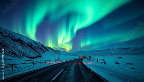 Emerald aurora borealis drapes a snow-covered road winding through a dark, arctic landscape, Northern Lights, dark