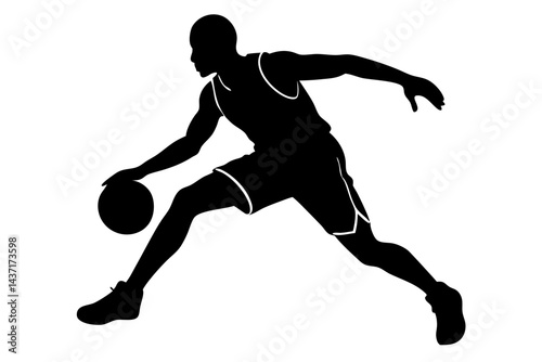 Silhouette of basketball player dribbling ball with athletic stance in dynamic motion, basketball, player, athlete, dribbling, ball, silhouette, sport, action, movement, vector, illustration, black