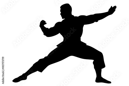 Black silhouette of a muscular man practicing martial arts isolated on white background, martial arts, karate, silhouette, man, fighter, fighting, defense, pose, stance, muscles, strong, black, white