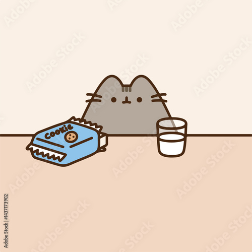 Cat eagerly eyes cookie package milk