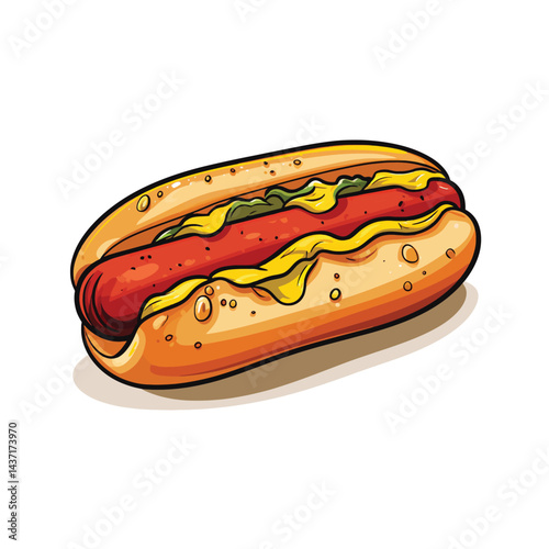 A cartoon hotdog with mustard and relish on a bun isolated on a white background