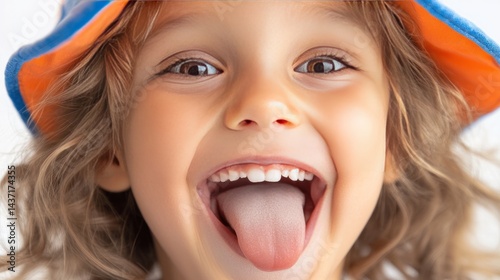 Joyful Expression: A young child beams with infectious happiness, showcasing their playful spirit with a wide, toothy grin and tongue playfully extended. Capturing innocent delight.