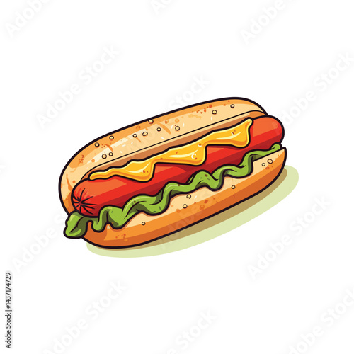 Cartoon illustration of a hotdog with mustard and lettuce on a white background