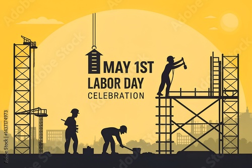 1st May Labor Day Design – Construction Silhouette on Yellow Background with Bold Typography