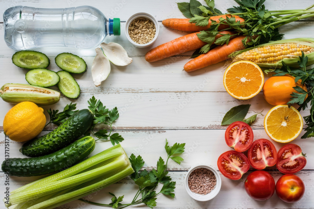 Fresh Vegetables and Fruits on Wooden Table Fresh Vegetables and Fruits on Wooden Table