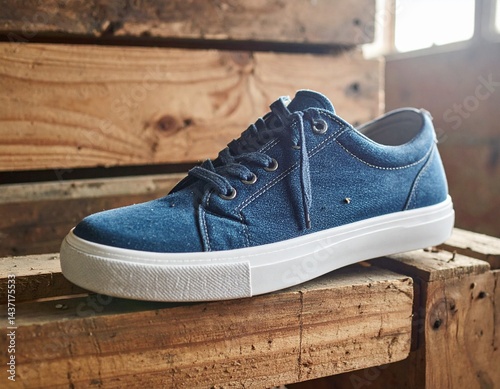 Denim Sneakers Mockup Stacked on Rustic Wooden Crates in Sunlit Warehouse