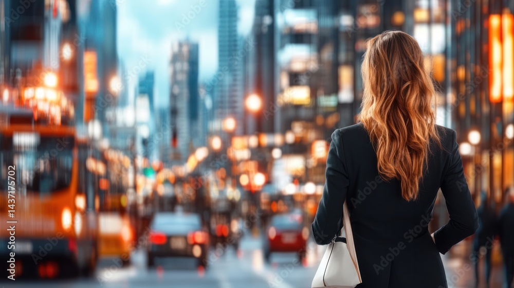 Fototapeta premium City Stroll: A sophisticated woman traverses a bustling city street, her focus set on the vibrant metropolis ahead, framed by the soft blur of motion and cityscape lights.