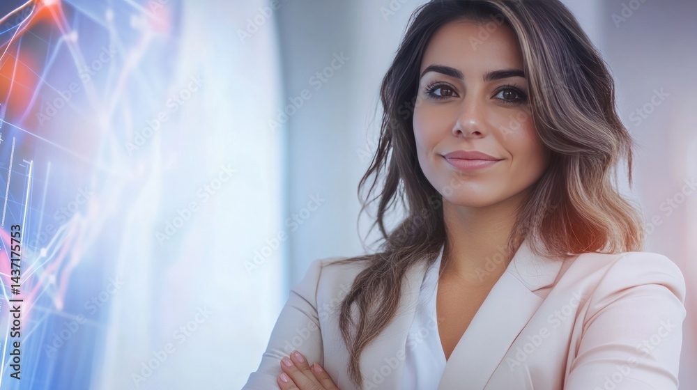 Obraz premium Confident Businesswoman at Work: A poised businesswoman, embodying expertise, stands confidently, reflecting competence and ambition, against a backdrop of a dynamic graph.