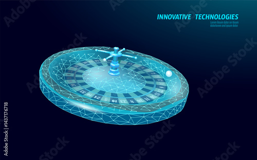 Roulette wheel digital low poly. Online gambling fintech investment concepts. Low poly art futuristic style. Dark blue background