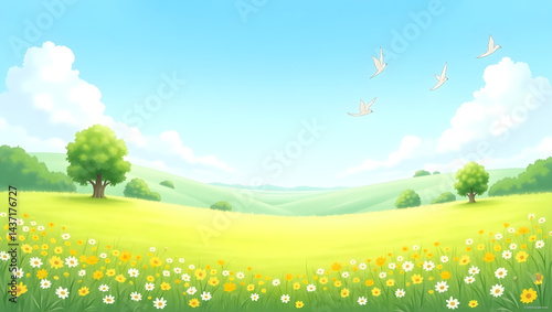 A peaceful countryside scene with a meadow full of yellow and white wildflowers, a few lush green trees scattered around, distant soft hills, and a bright sky with fluffy clouds