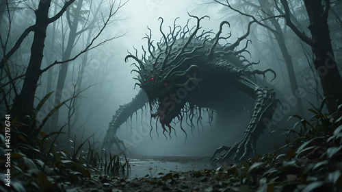 A giant, ravenous plant creature with carnivorous tendrils, lurking in a dense, fog-covered swamp, ready to strike in the eerie stillness.