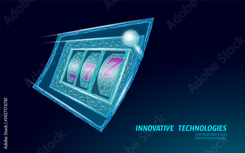 Slot machine with sevens in digital style. Wires create polygon point lines style. Gambling industry and technology concept, casino risk. Blue background, low poly art, isometric perspective
