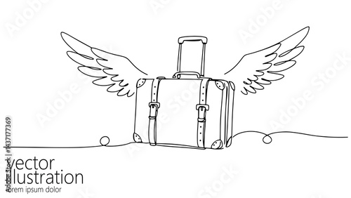 Winged suitcase continuous line drawing. Luggage has handle, straps, buckles details. Travel agencies airlines booking platforms vacation themes. Minimalist style, top view, white background