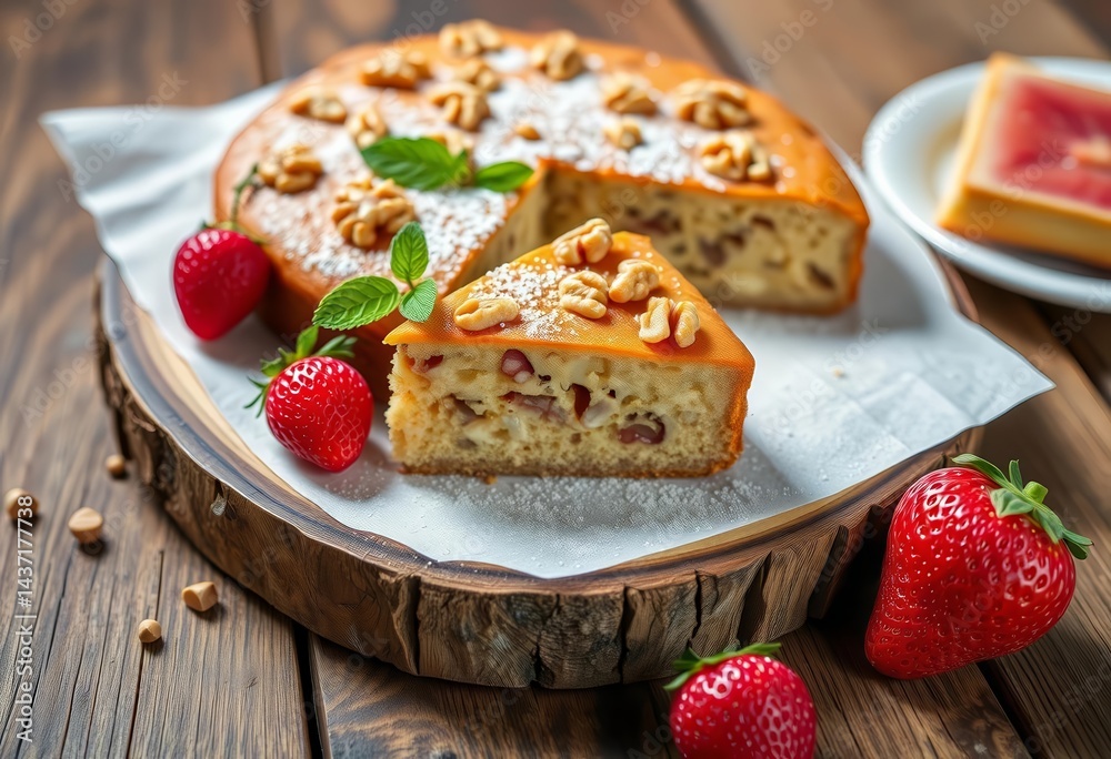 A rustic wooden table holds a walnut cake slice, adorned with fresh fruit, dessert, food photography A rustic wooden table holds a walnut cake slice, adorned with fresh fruit, dessert, food photography