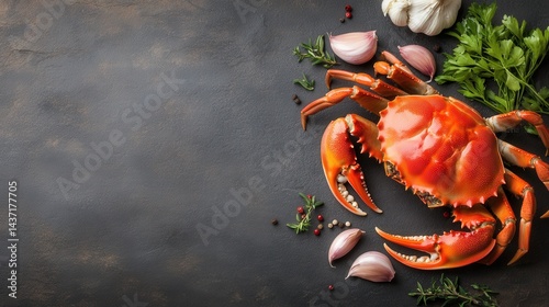 Cooked crab with herbs, garlic, and spices on a dark stone background, arranged for a seafood culinary presentation.