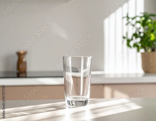 Glass Tumbler Mockup with Soft Window Screen Shadows in Minimal Kitchen