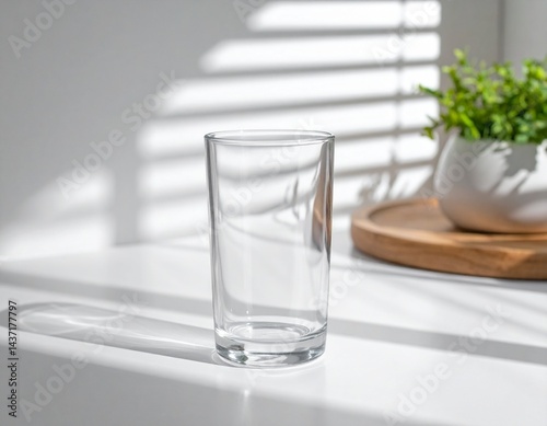 Glass Tumbler Mockup with Soft Window Screen Shadows in Minimal Kitchen