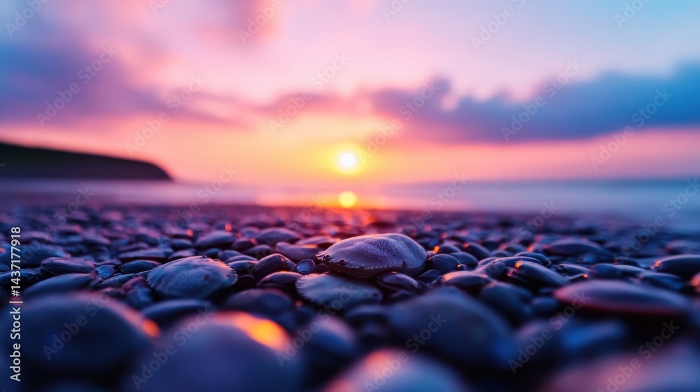 Fototapeta premium Smooth pebbles on a beach reflect the vibrant colors of a dramatic sunset over the horizon.
