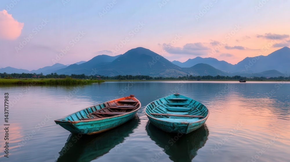 Fototapeta Two wooden boats float on a calm lake with mountain ranges and a colorful sky in the background.
