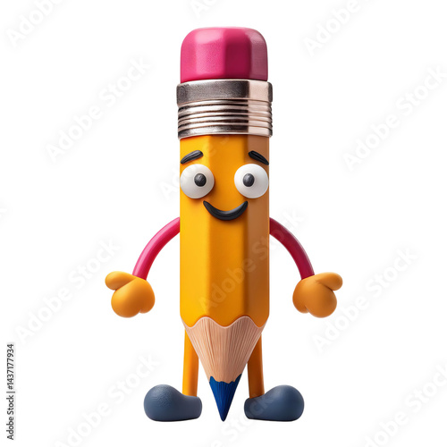 Cute cartoon pencil character with expressive eyes and joyful pose, isolated on transparent background