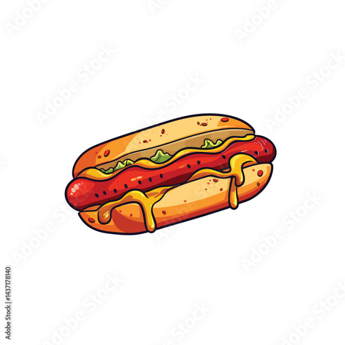 A cartoon hot dog with mustard and lettuce on a white background illustration