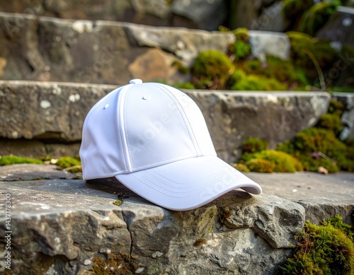 White Sports Cap Mockup on Rugged Stone Steps with Moss and Natural Lighting