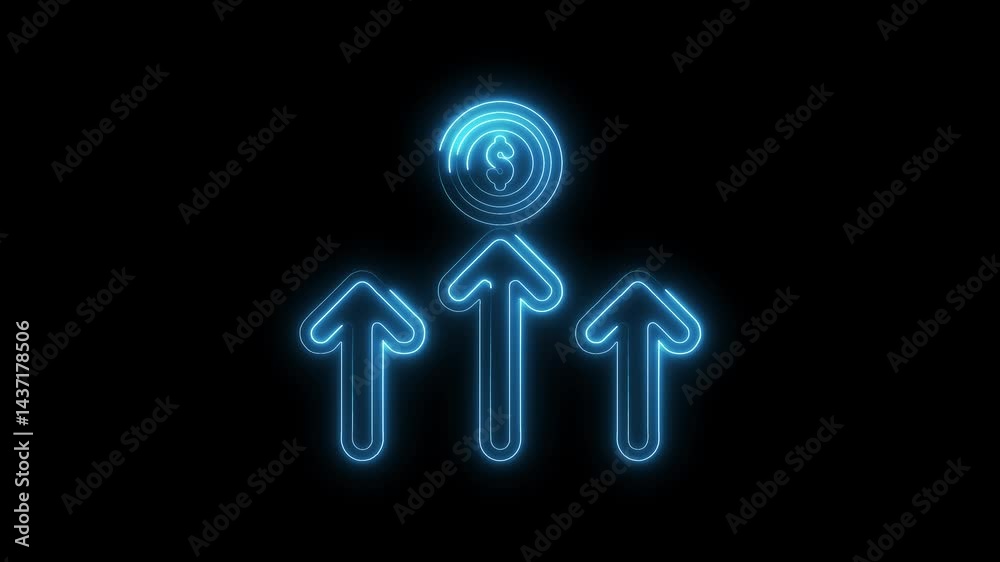 Neon arrows pointing upward to dollar coin on black background Neon arrows pointing upward to dollar coin on black background