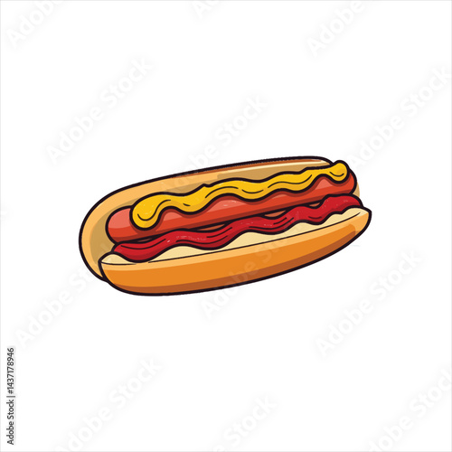 A cartoon hotdog with mustard and ketchup on a white background illustration